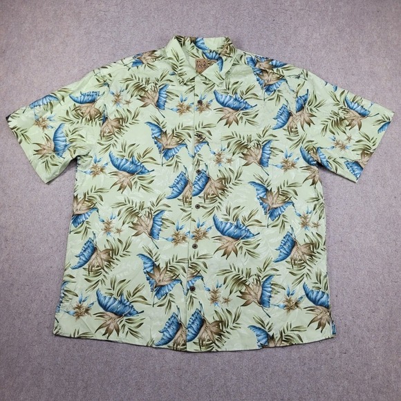 Jos A Bank Silk Hawaiian Shirt Mens XL Green Floral Short Sleeve Button Up Beach - Picture 1 of 6